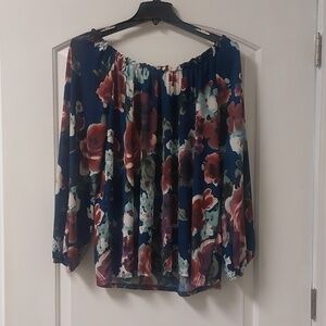 Glitzy Girlz Blue Floral Long Sleeve Tie Back Blouse Plus Sz 2X